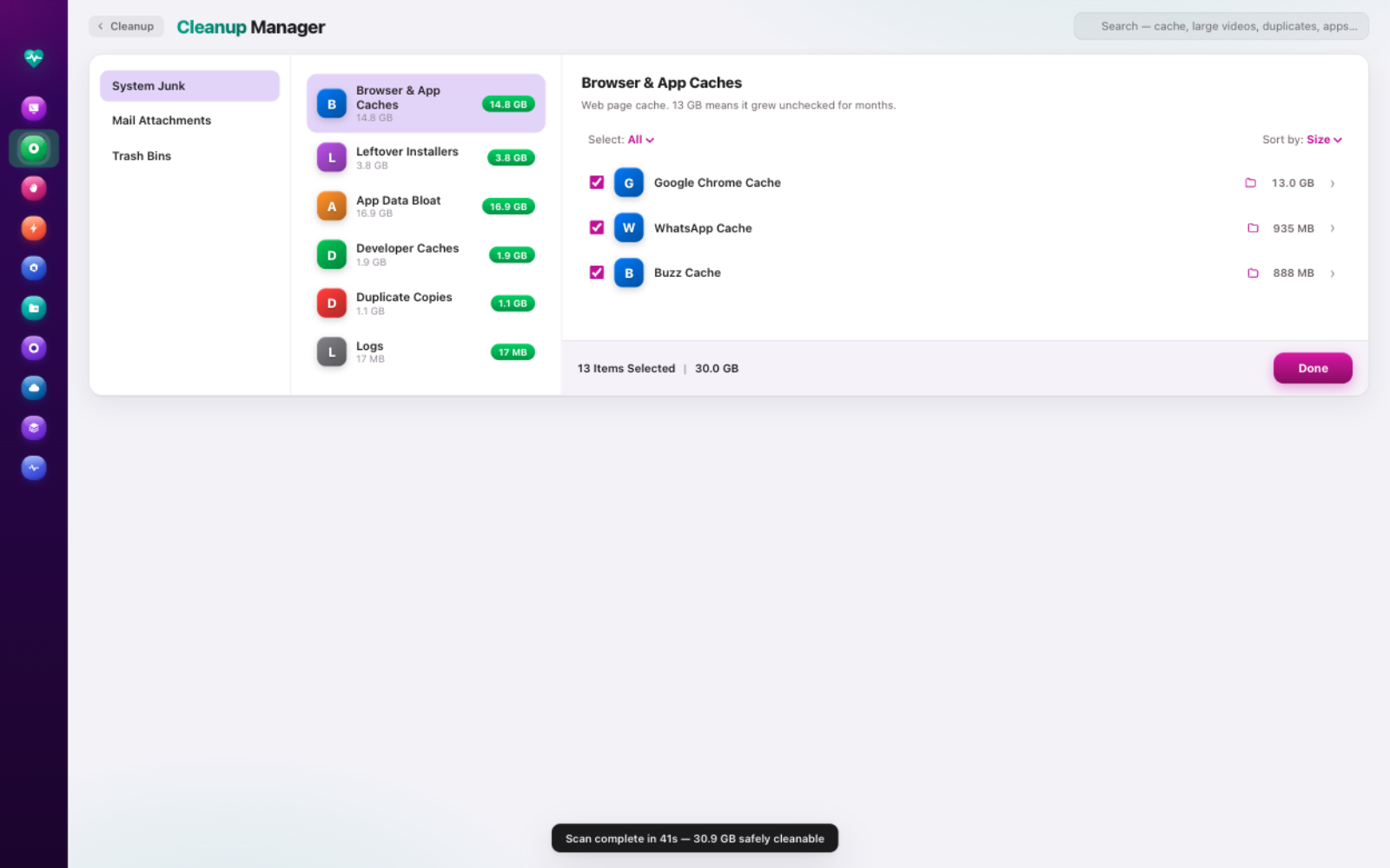 Cleanup Manager three-pane interface