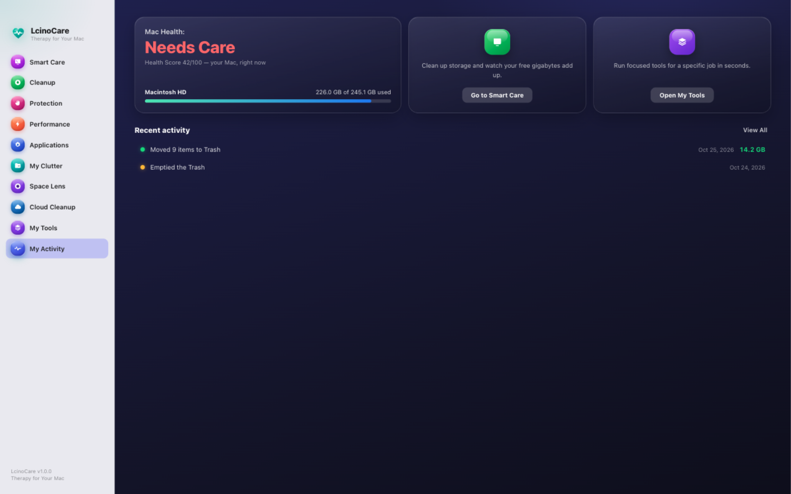 My Activity health and history page