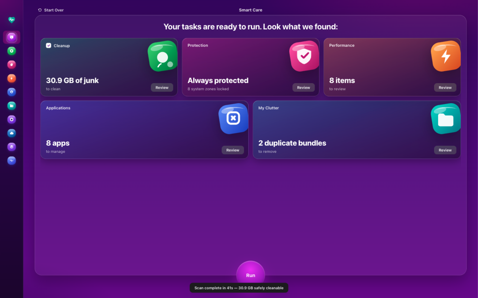 LcinoCare Smart Care screen with scan results and the floating Run button